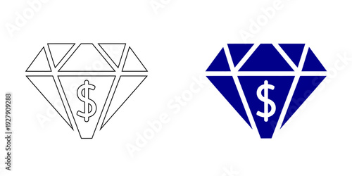 Diamond with Dollar Sign Icon. Concept of Luxury Finance, Premium Value, Wealth Management, High Net Worth Assets, and Precious Investment. Vector Line and Solid Flat Style on White.