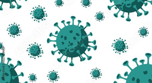 A visually striking seamless pattern featuring numerous teal colored microscopic coronavirus particles scattered