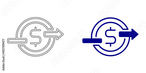 Dollar Coin with Transaction Arrows Icon. Concept of Money Transfer, Online Payment, Currency Exchange, Cash Flow, and Financial Processing. Vector Line and Solid Flat Graphic on White Background.