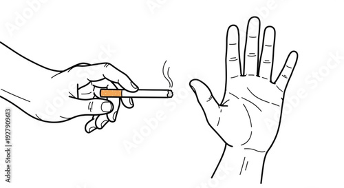 Hands with one holding cigarette and other gesturing refusal on white background