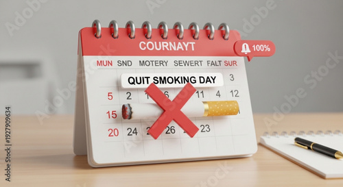 Quit smoking day calendar with cigarette and red x mark on desk with pen and notebook