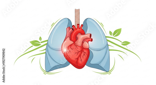 Healthy human heart with lungs and green leaves symbolizing wellness and respiratory system