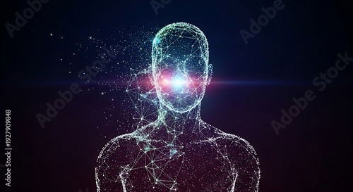A futuristic digital human figure with glowing red eyes and a network of blue particles surrounding its head and body, set against a dark background.