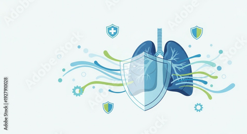 Lungs protected by shield with health symbols and germs representing respiratory health and immunity concept