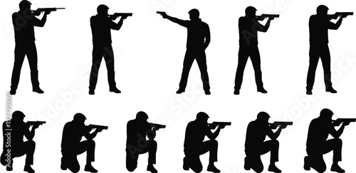 Set of tactical soldier silhouettes holding rifles and handgun in combat poses, standing and kneeling positions, military action vector illustration