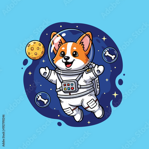 Cute Corgi Astronaut Floating in Space with Moon and Bone Bubbles - Happy Dog in Spacesuit Cartoon Illustration
