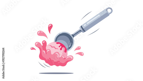 An ice cream scoop with pink ice cream splashing against a clean white background with motion blur.