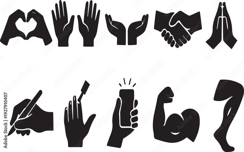 Obraz premium Human Hand Gestures & Body Part Silhouettes: Expressive Vector Icon Set for Communication, Daily Actions, Technology, and Strength Themes