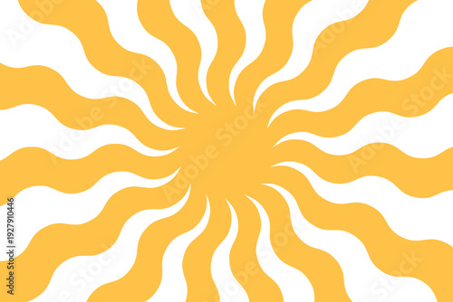 Yellow sun with wavy rays, summer-themed background with sunrise or sunset in a trendy style.