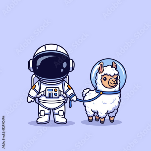 Cute Astronaut Walking Pet Llama in Space Helmet - Whimsical Cartoon Illustration