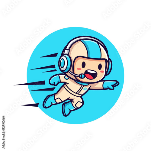 Cute Speedy Astronaut Mascot Flying with Headset for Express Delivery and Customer Service Concept Vector