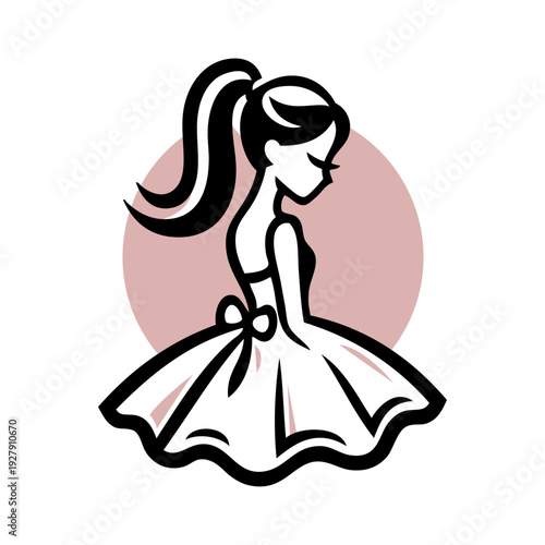 Logotipo de boutique de moda femenina. Dibujo sencillo con líneas de una chica joven de pie con un vestido, vista de perfil, con un círculo 