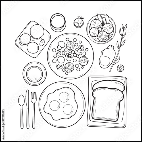Breakfast Table Coloring Page Flatlay with Eggs Toast Fruits, Morning Meal Line Art, Printable Coloring Sheet for Kids and Adults Vector Illustration