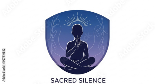 Meditating person in lotus position with aura sacred silence logo yoga and mindfulness symbol