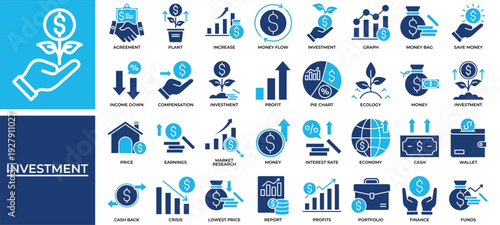 Investment icon set collection. Containing increase, planning, report, contract, earnings, graph, agreement .Solid vector icons collection