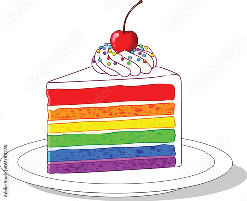 Colorful rainbow layer cake slice with white frosting and cherry on layers