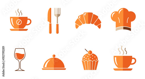 Assorted Orange Food and Drink Icons Set.