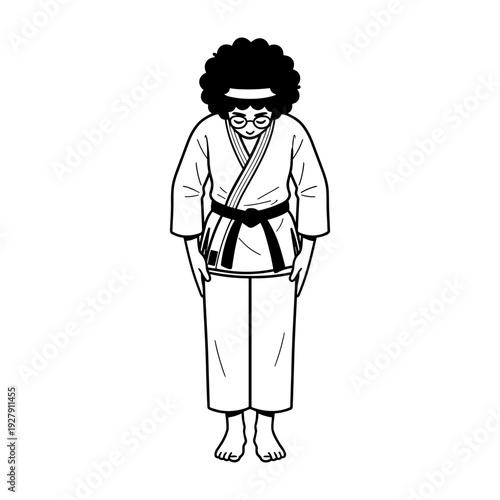 Hand Drawn Style Illustration of a Person with Afro Hair Bowing in a Martial Arts Gi