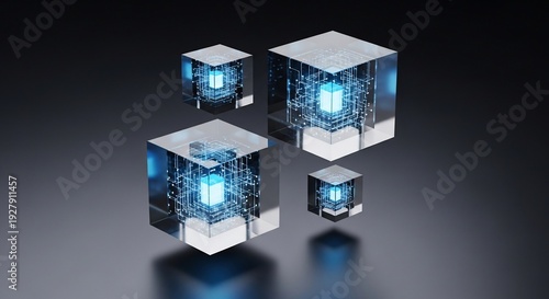 Four glowing blue cubes of varying sizes floating in a dark environment viewed from an isometric perspective