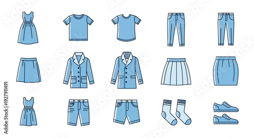 Collection of various blue clothing items.