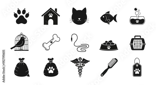 Black and white pet care icons.