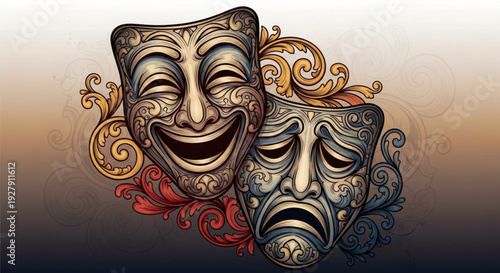 Theatrical comedy and tragedy masks with ornate designs on gradient background