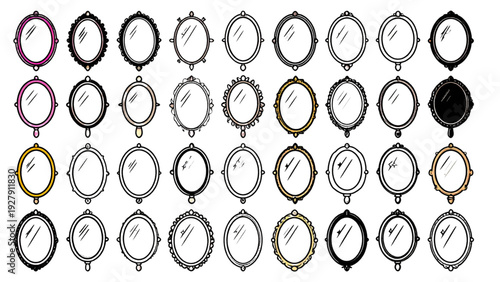Hand mirror icon set in colorful and black styles with sparkles for beauty salon makeup and grooming designs