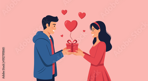 Couple Exchanging Romantic Gift with Heart Balloons on Pink Background