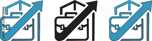 A symbol of business success, featuring a briefcase, a checkmark, and an upward arrow, with variations in color