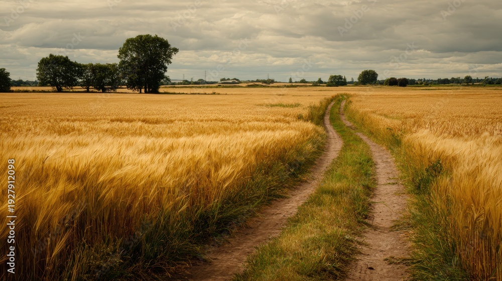 Fototapeta premium A dirt track winds through a golden wheat field under a cloudy sky, with trees in the distance.
