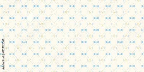 Repeating pattern with blue and gold bow ties on a light beige background
