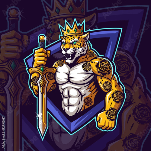 Majestic Leopard King Mascot with Crown and Sword.
