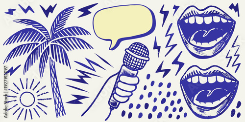 Blue line drawing featuring a palm tree microphone speech bubbles sun and various vocal expressions