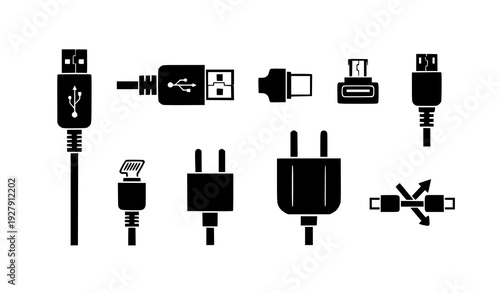 USB Cable Port Icon Set Type C A Micro Lightning Charger Flat Vector Collection Transparent Background