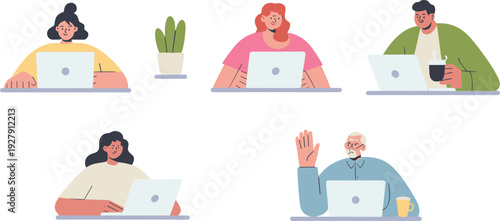 People working on laptops at home office, remote work freelance team concept, online learning icons, flat vector illustration