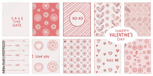Collection of eight pink valentine s day themed cards with various romantic designs and text