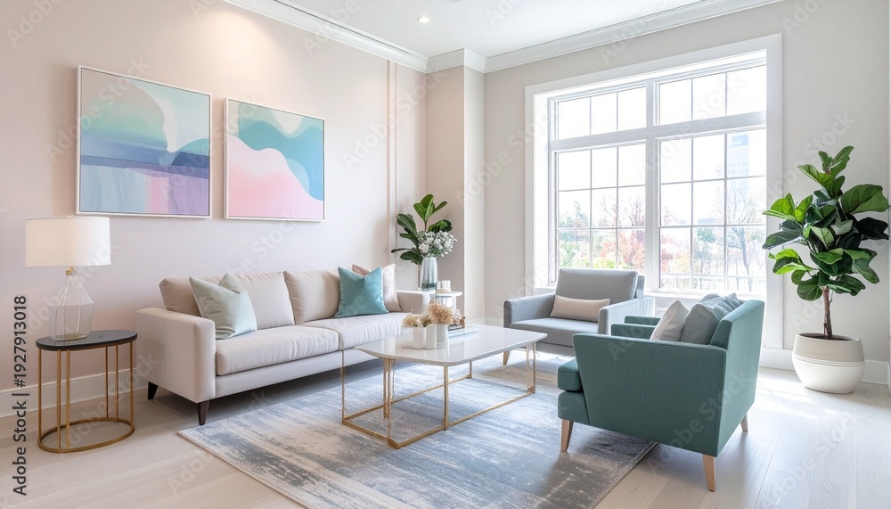 Fototapeta premium Elegant Living Room Interior with Modern Furniture and Artwork.