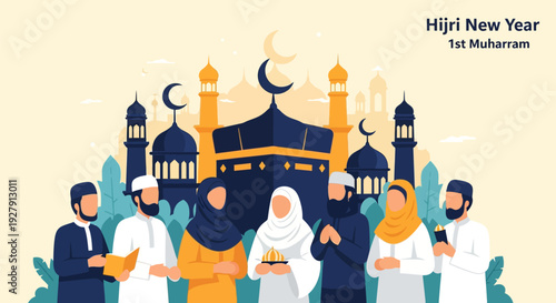 Hijri New Year (1st Muharram) celebration featuring a diverse Muslim community with the Kaaba and mosque background. Flat vector illustration.