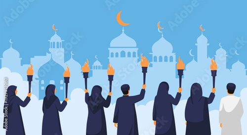 Islamic Festival Celebration: People Holding Torches against Mosque Silhouettes & Crescent Moons. Ramadan, Eid Mubarak Concept.