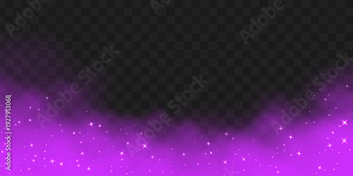 Vivid magic pink smoke cloud with shiny effect on black transparent background. Neon colored fog with sparkle.