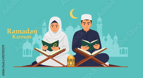 Ramadan Kareem: Muslim Couple Reading Holy Quran with Mosque Silhouette Background and Traditional Lantern