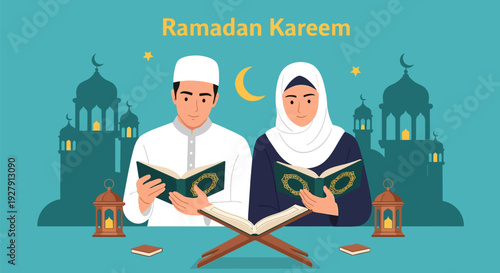 Ramadan Kareem Greeting: Muslim Couple Reading Holy Quran, Islamic Celebration with Mosque, Crescent, and Lanterns