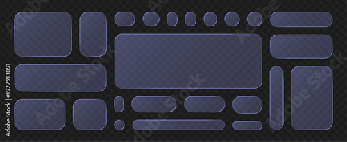 Glass frame shape set with neon blue glow on transparent background. Modern digital banner with crystal borders for futuristic tech interface.