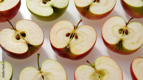 A vibrant display of sliced apples arranged on a clean white surface
