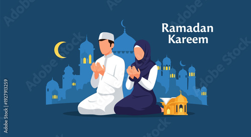 Muslim Couple Praying for Ramadan Kareem, Islamic Prayer with Mosque and Moon Background
