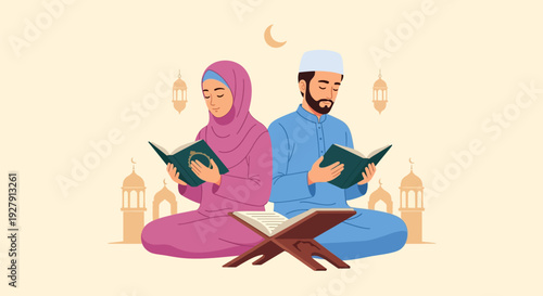 Muslim Couple Reading Quran Illustration for Ramadan & Islamic Celebrations. Peaceful Religious Study & Worship.