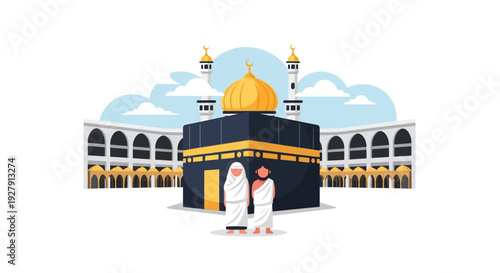 Hajj and Umrah Pilgrimage to Kaaba in Mecca with Muslim Worshipers - Islamic Sacred Journey Flat Vector Illustration