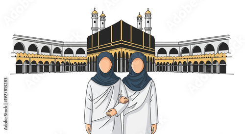 Muslim Women on Hajj or Umrah Pilgrimage at Kaaba in Mecca - Islamic Spirituality Illustration