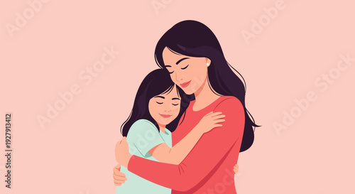 Loving Mother and Daughter Hugging, Tender Embrace, Family Bonds and Affection Illustration