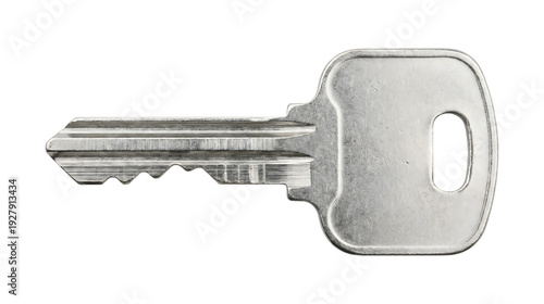 Silver Metal House Key with Integrated Bottle Opener Tool Isolated on White Background